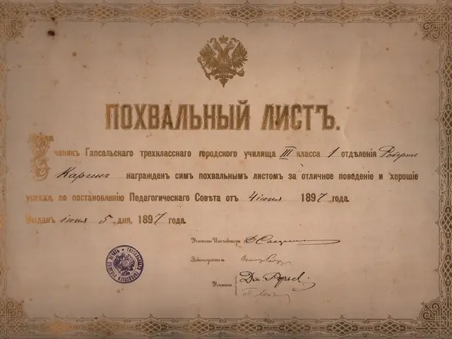 The image shows an old certificate with a gold border and a seal on it. The certificate is from the...
