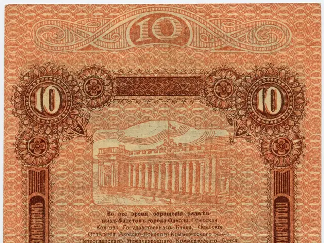 The image shows an old Russian 10 rouble banknote with a picture of a building on it. The paper has...