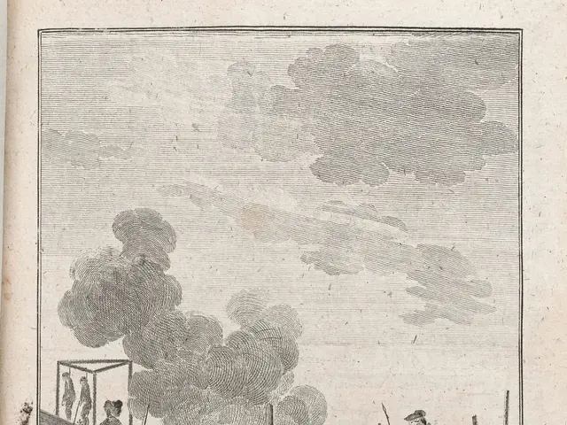 The image shows a group of people standing around a fire, with smoke billowing up into the sky. At...