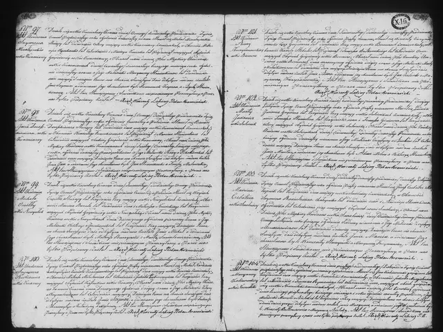 The image shows a black and white photo of an open book with handwriting on it. The text on the...