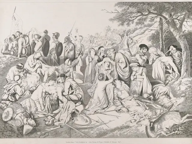 The image shows a black and white engraving of a group of people in a wooded area, with trees in...