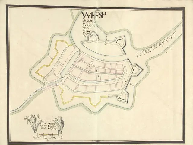 The image shows a map of the city of Wiesbaden, Germany, with text and drawings on the paper. The...