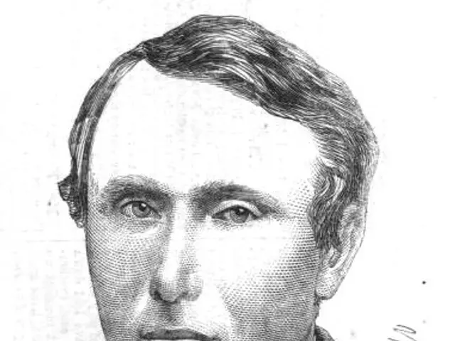 The image shows a black and white drawing of a man in a suit, identified as General Walker, from a...
