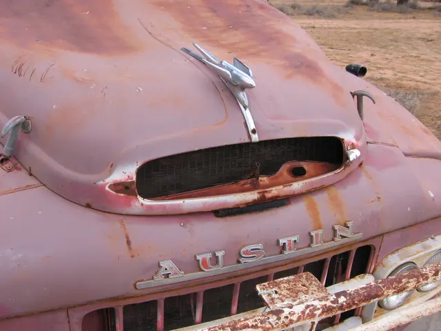The image shows an old rusty truck parked in the middle of a field, surrounded by trees and a clear...