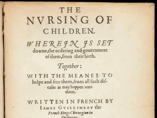 The image shows an open book with the title "The Nursing of Children" written in black text on a...