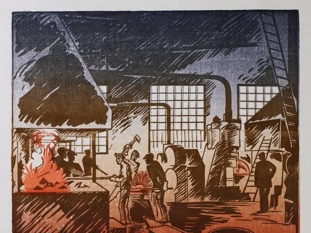 The image shows a linocut print of a group of people working in a factory, with a fire burning in...