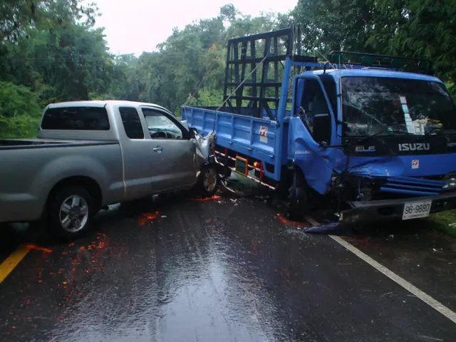 The image shows a truck that has been involved in a crash on the side of the road, surrounded by...
