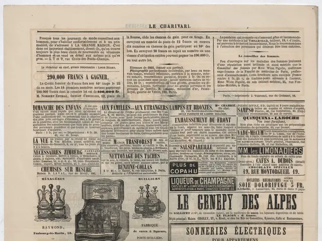 The image shows an old newspaper with a variety of items on it, including text and pictures.