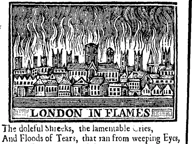 The image shows a black and white drawing of a city engulfed in flames, with the words "London in...