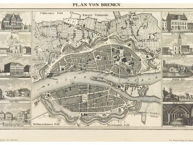 The image shows an old map of the city of Bremen, Germany, with pictures of buildings and text on a...