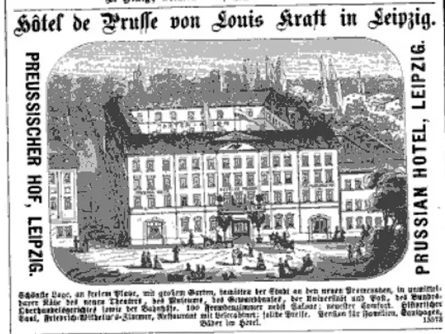 The image shows an old newspaper advertisement for a hotel in Leipzig, Germany. It features a...