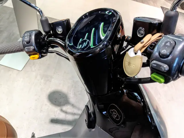 The image shows a close up of a black electric scooter on display at a show. The scooter has a...