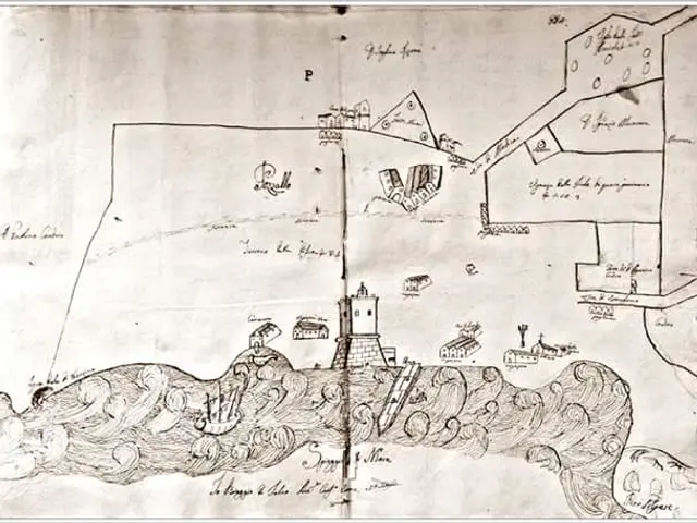 The image shows a drawing of a map of a city with a lighthouse in the middle of it. The map is...